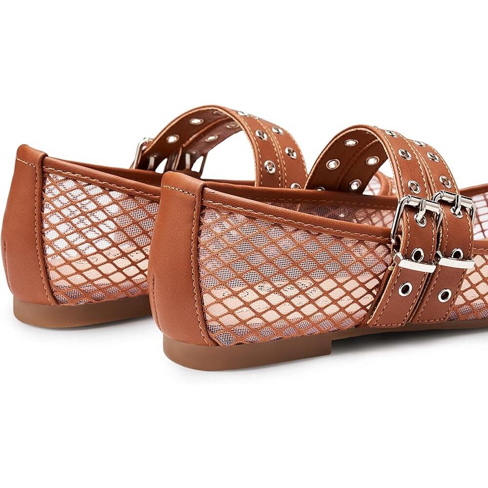 Trary Tan Mesh Mary Jane Flats with Buckle Straps - Picture 4 of 6